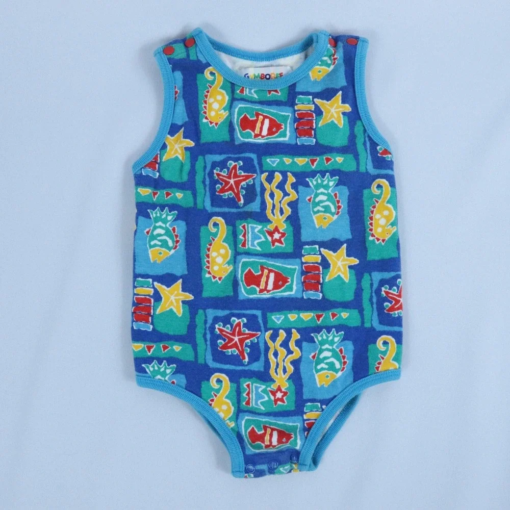Vintage Gymboree Blue Sea Creature Sleeveless Bodysuit Vintage Ocean Print XS